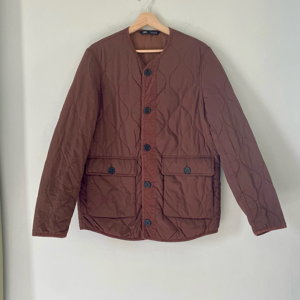 Zara Brown Quilted Jacket with Corduroy Trim